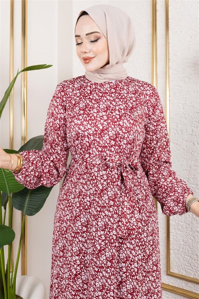 Çiçek Desenli Tesettür Elbise BORDO - Thumbnail