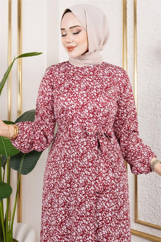 Çiçek Desenli Tesettür Elbise BORDO - 2