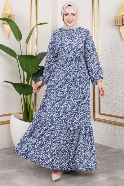Çiçek Desenli Tesettür Elbise SAKS MAVİSİ - Thumbnail