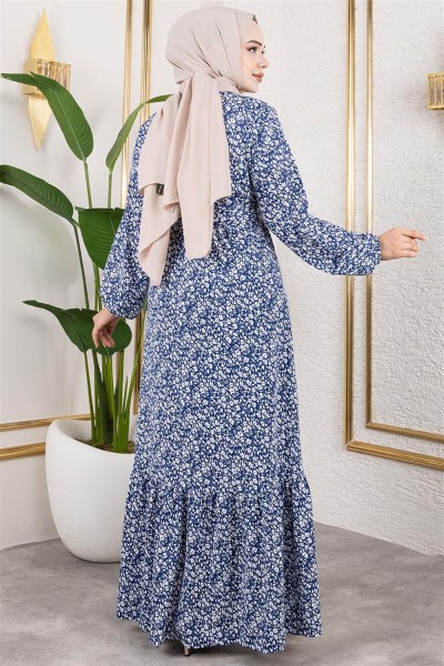 Çiçek Desenli Tesettür Elbise SAKS MAVİSİ - Thumbnail