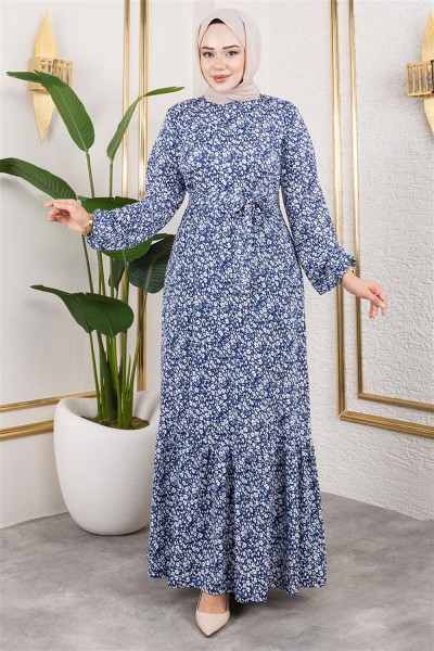 MYS - Çiçek Desenli Tesettür Elbise SAKS MAVİSİ