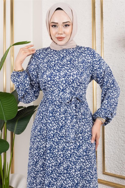 Çiçek Desenli Tesettür Elbise SAKS MAVİSİ - Thumbnail