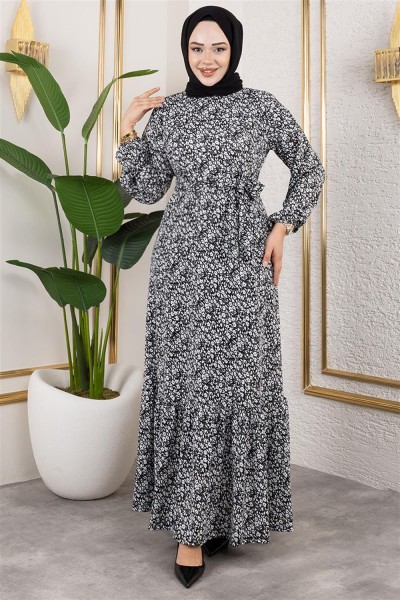 Çiçek Desenli Tesettür Elbise SİYAH - Thumbnail