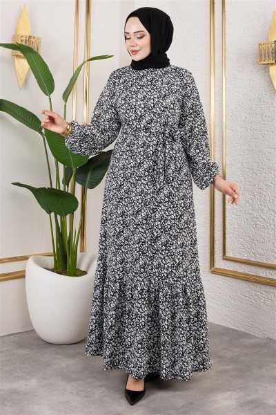 MYS - Çiçek Desenli Tesettür Elbise SİYAH