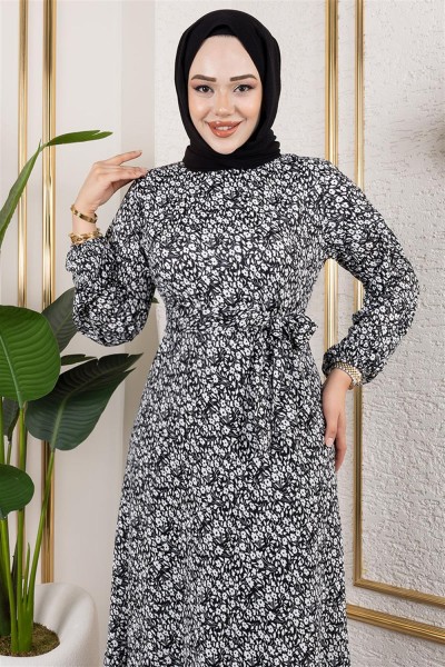 Çiçek Desenli Tesettür Elbise SİYAH - Thumbnail