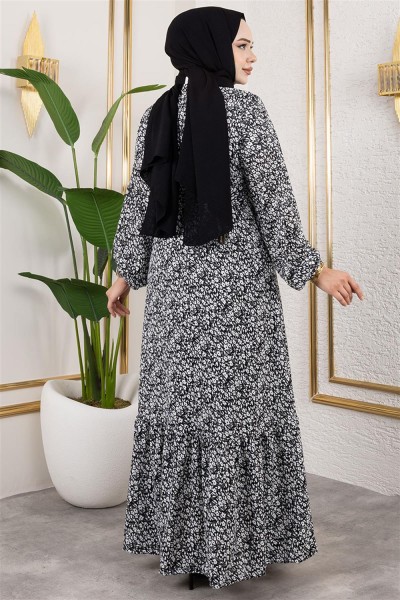Çiçek Desenli Tesettür Elbise SİYAH - Thumbnail