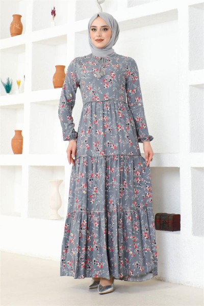 SGS - Çiçek Desenli Viskon Elbise GRİ