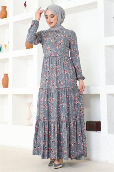 Çiçek Desenli Viskon Elbise GRİ - Thumbnail