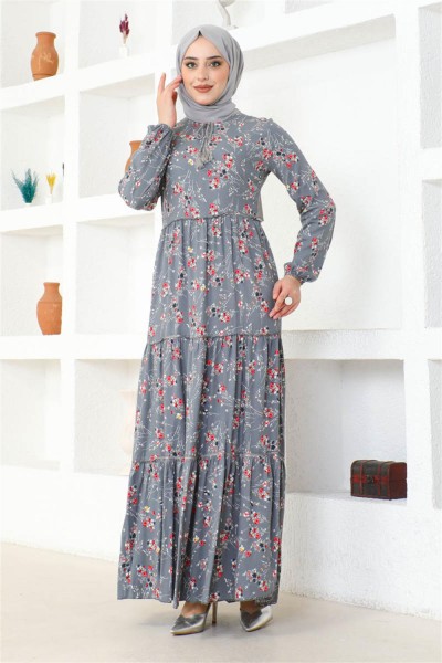 Çiçek Desenli Viskon Elbise GRİ - Thumbnail