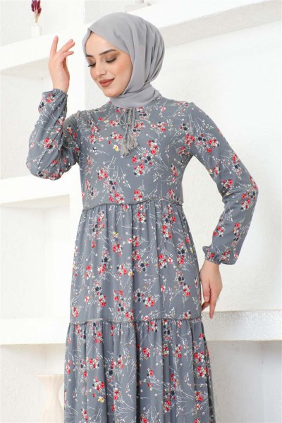 Çiçek Desenli Viskon Elbise GRİ - Thumbnail