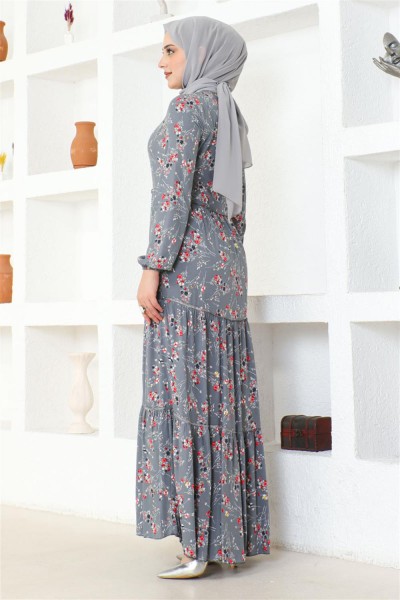 Çiçek Desenli Viskon Elbise GRİ - Thumbnail