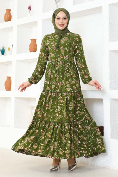 Çiçek Desenli Viskon Elbise HAKİ - Thumbnail