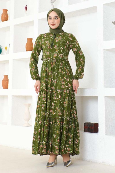 Çiçek Desenli Viskon Elbise HAKİ - Thumbnail