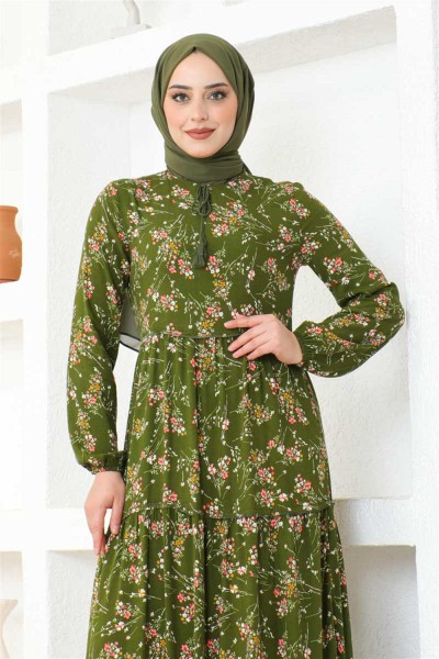 Çiçek Desenli Viskon Elbise HAKİ - Thumbnail