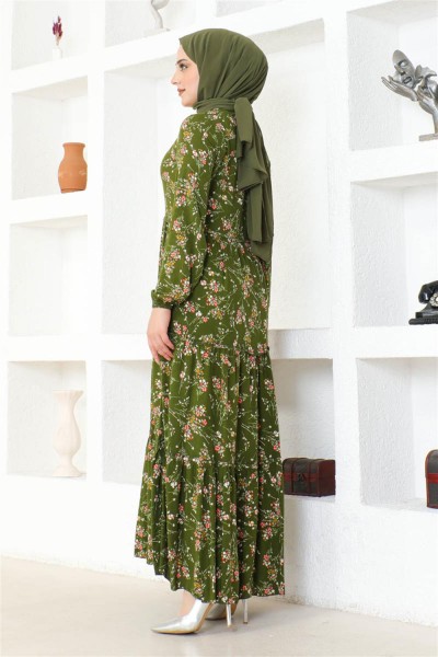 Çiçek Desenli Viskon Elbise HAKİ - Thumbnail