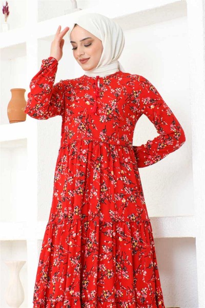 Çiçek Desenli Viskon Elbise KIRMIZI - Thumbnail