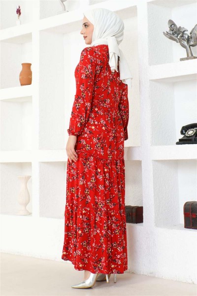 Çiçek Desenli Viskon Elbise KIRMIZI - Thumbnail