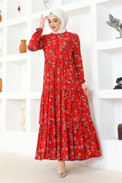 Çiçek Desenli Viskon Elbise KIRMIZI - Thumbnail