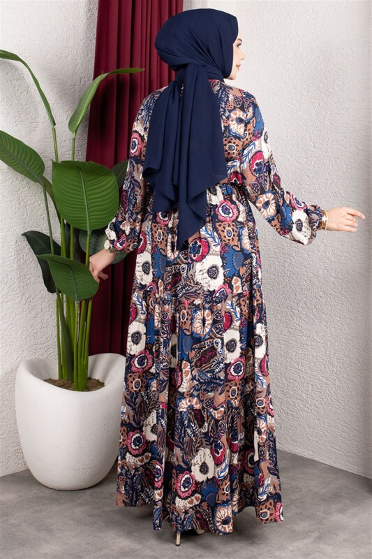 Çiçek Desenli Viskon Elbise LACİVERT - 4