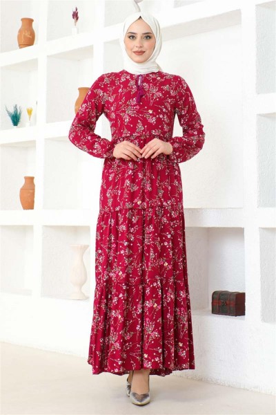 Çiçek Desenli Viskon Elbise MÜRDÜM - Thumbnail