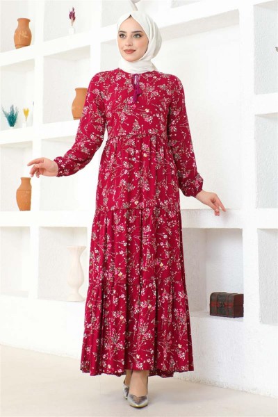 Çiçek Desenli Viskon Elbise MÜRDÜM - Thumbnail