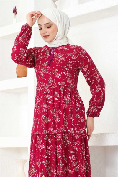 Çiçek Desenli Viskon Elbise MÜRDÜM - Thumbnail