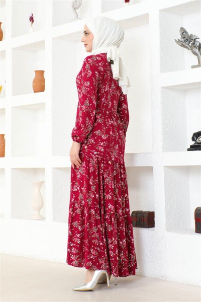 Çiçek Desenli Viskon Elbise MÜRDÜM - Thumbnail