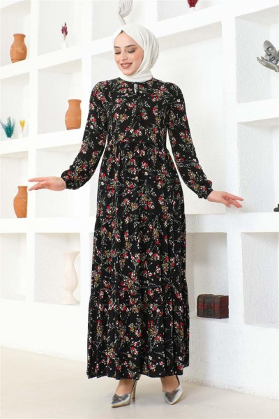 Çiçek Desenli Viskon Elbise SİYAH - Thumbnail