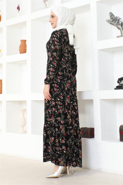 Çiçek Desenli Viskon Elbise SİYAH - Thumbnail