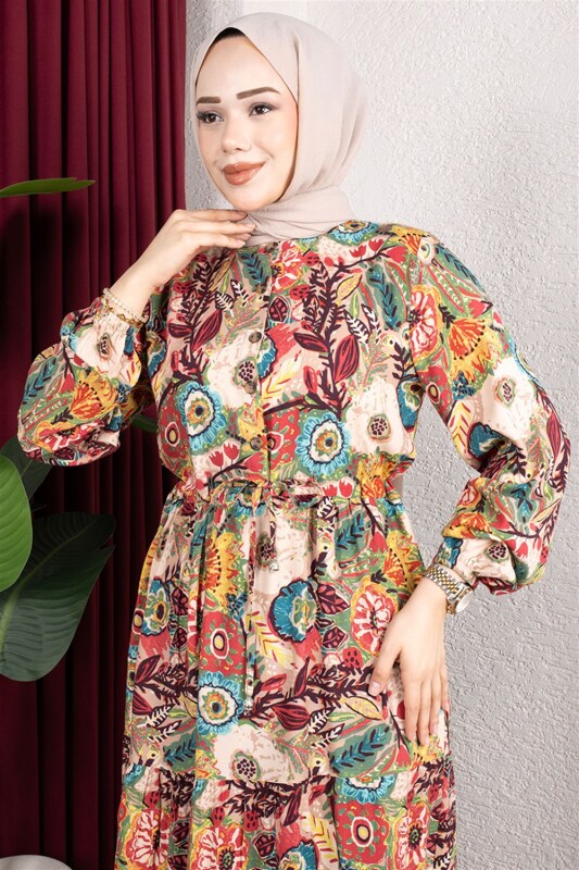 Çiçek Desenli Viskon Elbise TURKUAZ - 3