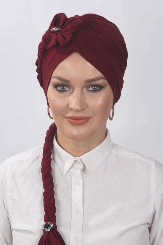 Çiçekli Örgülü Hazır Bone Bordo - 1