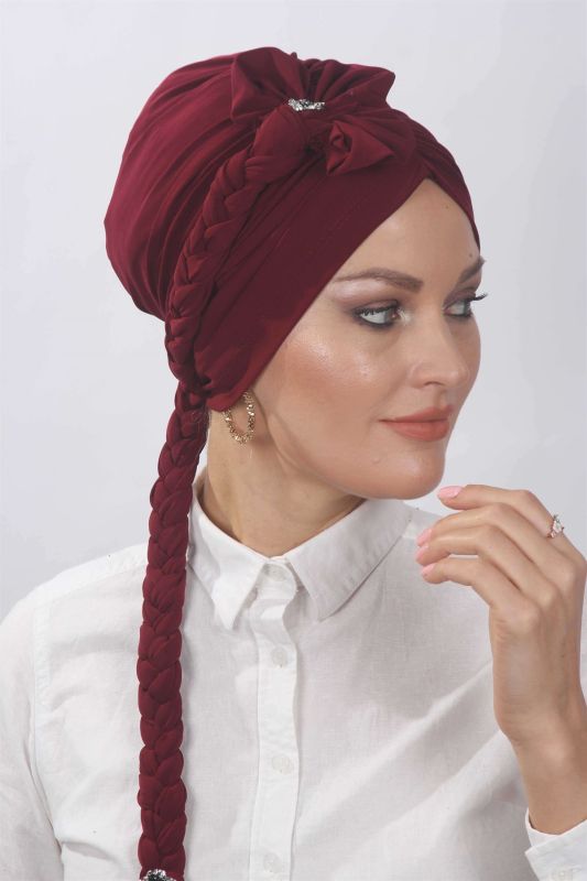 Çiçekli Örgülü Hazır Bone Bordo - 2