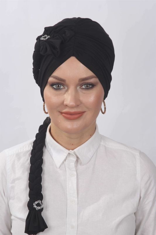Çiçekli Örgülü Hazır Bone Siyah - 1
