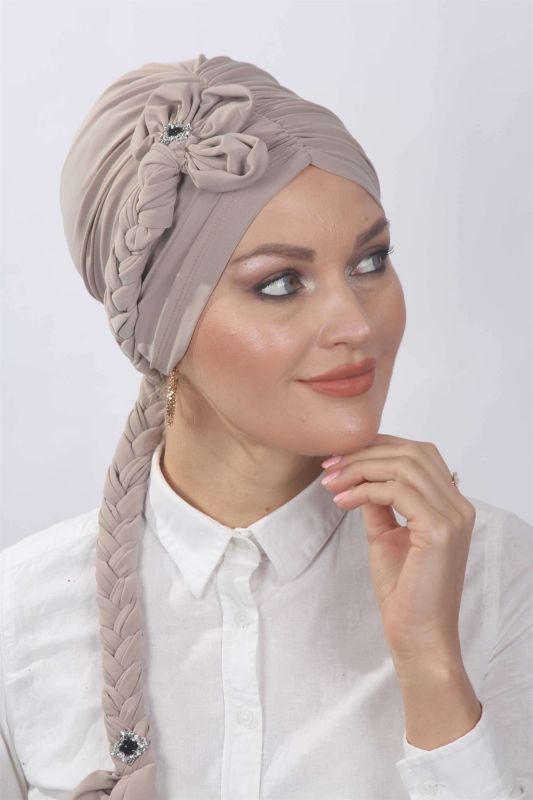 Çiçekli Örgülü Hazır Bone  Taş Rengi - 1