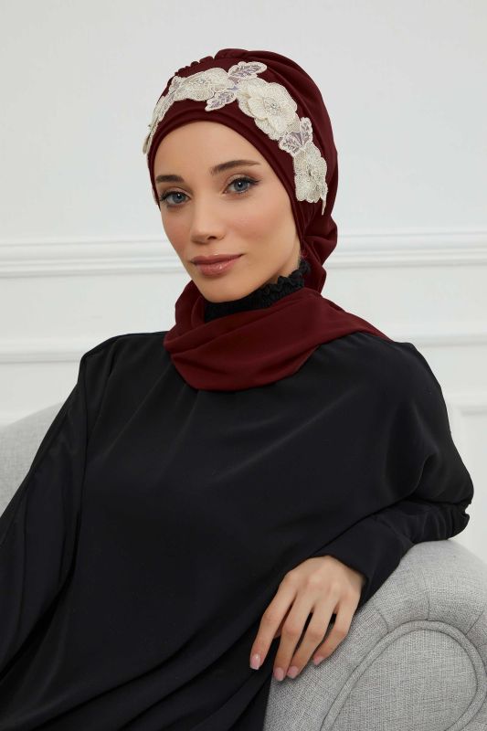Çiçekli Taç Aksesuarlı Şifon Hazır Türban,HT-103,HT-103 Bordo-Gold - 1