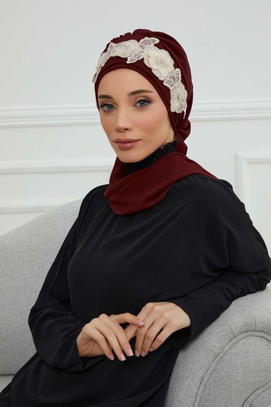Çiçekli Taç Aksesuarlı Şifon Hazır Türban,HT-103,HT-103 Bordo-Gold - 2