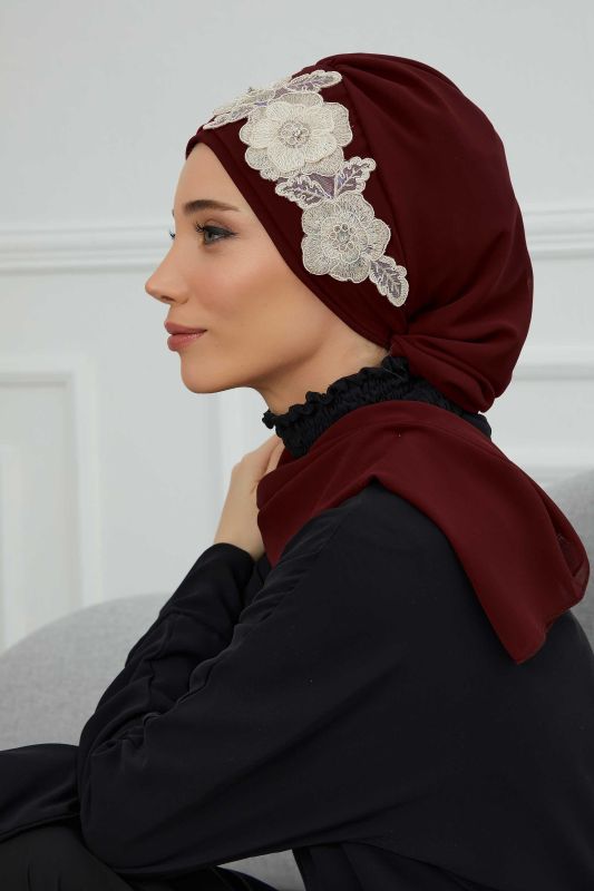 Çiçekli Taç Aksesuarlı Şifon Hazır Türban,HT-103,HT-103 Bordo-Gold - 3