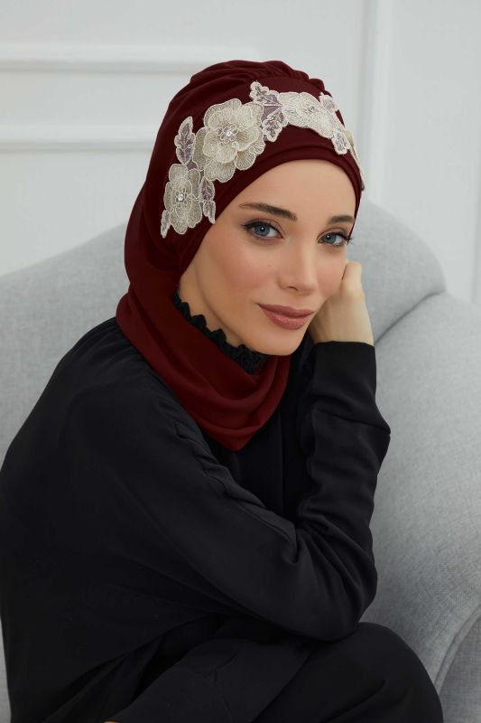 Çiçekli Taç Aksesuarlı Şifon Hazır Türban,HT-103,HT-103 Bordo-Gold - 4