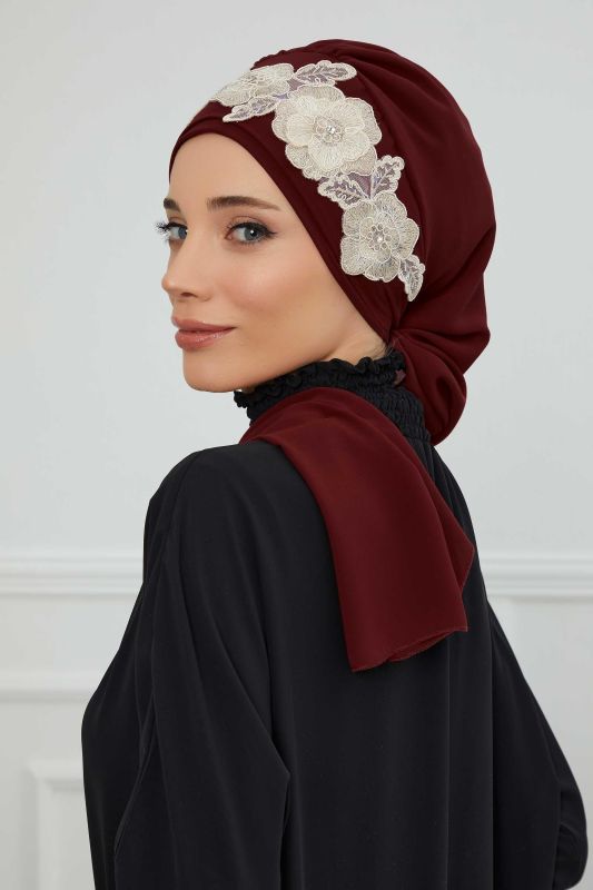 Çiçekli Taç Aksesuarlı Şifon Hazır Türban,HT-103,HT-103 Bordo-Gold - 5