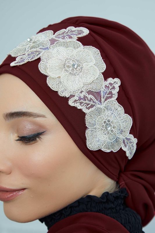 Çiçekli Taç Aksesuarlı Şifon Hazır Türban,HT-103,HT-103 Bordo-Gold - 6