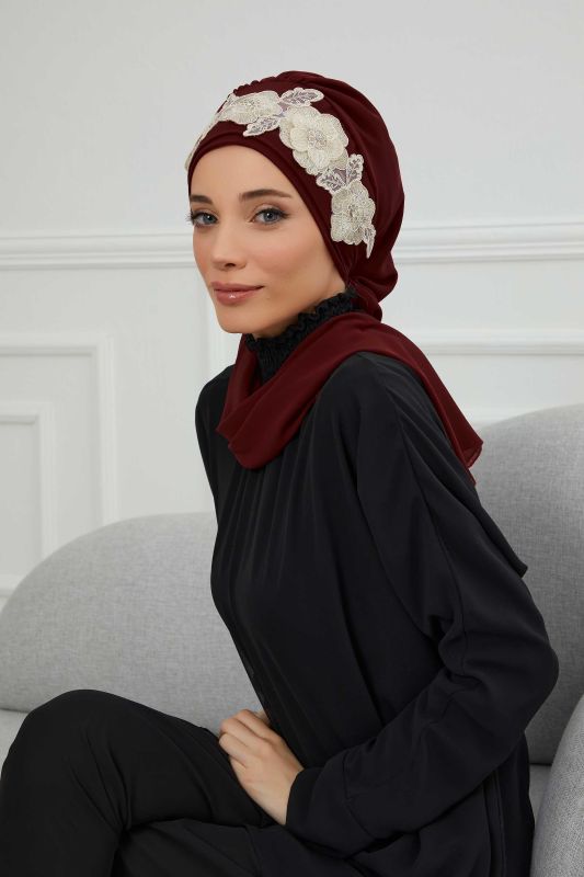 Çiçekli Taç Aksesuarlı Şifon Hazır Türban,HT-103,HT-103 Bordo-Gold - 7