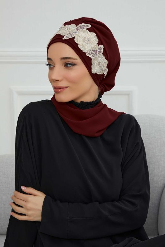 Çiçekli Taç Aksesuarlı Şifon Hazır Türban,HT-103,HT-103 Bordo-Gold - 8