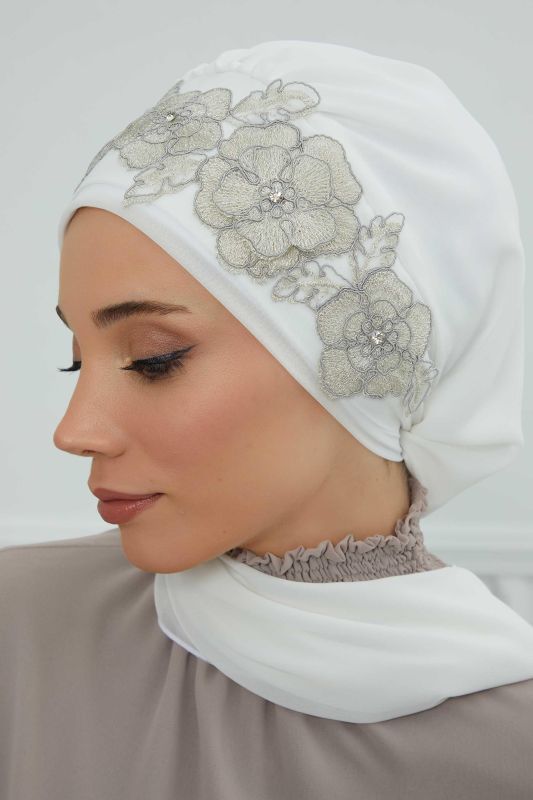 Çiçekli Taç Aksesuarlı Şifon Hazır Türban,HT-103,HT-103 Kırık Beyaz-Gümüş - 3