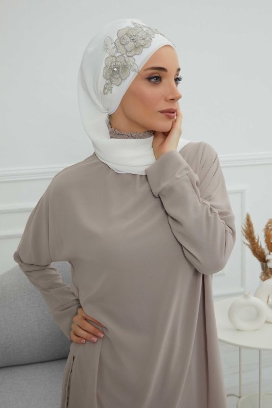 Çiçekli Taç Aksesuarlı Şifon Hazır Türban,HT-103,HT-103 Kırık Beyaz-Gümüş - 4