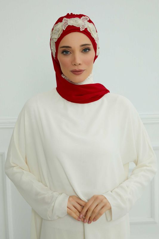 Çiçekli Taç Aksesuarlı Şifon Hazır Türban,HT-103,HT-103 Kırmızı-Gold - 1