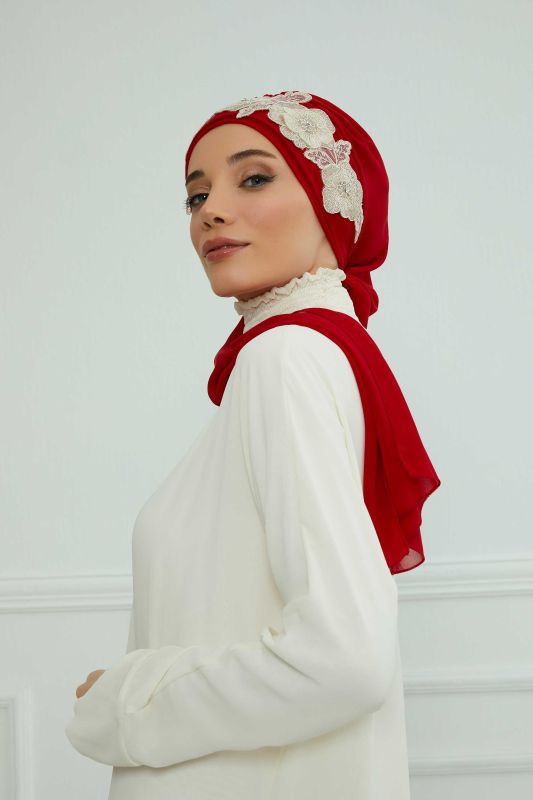 Çiçekli Taç Aksesuarlı Şifon Hazır Türban,HT-103,HT-103 Kırmızı-Gold - 8