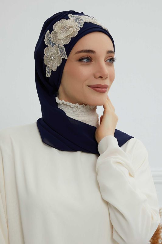 Çiçekli Taç Aksesuarlı Şifon Hazır Türban,HT-103,HT-103 Lacivert-Gold - 6
