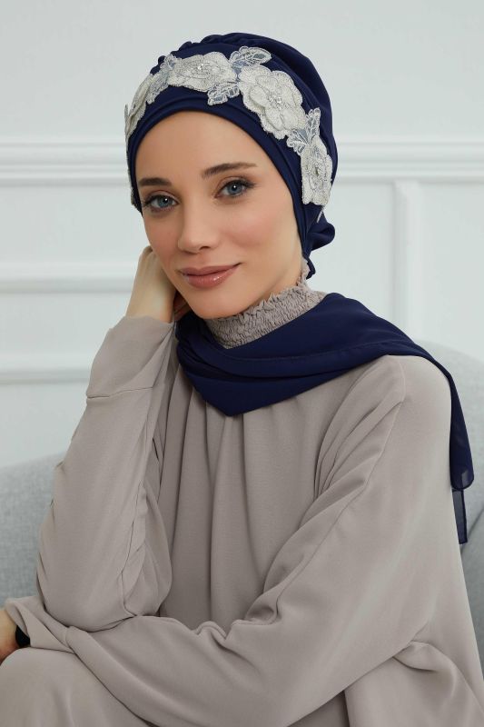 Çiçekli Taç Aksesuarlı Şifon Hazır Türban,HT-103,HT-103 Lacivert-Gümüş - 2