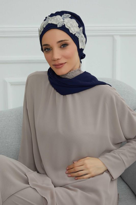 Çiçekli Taç Aksesuarlı Şifon Hazır Türban,HT-103,HT-103 Lacivert-Gümüş - 3