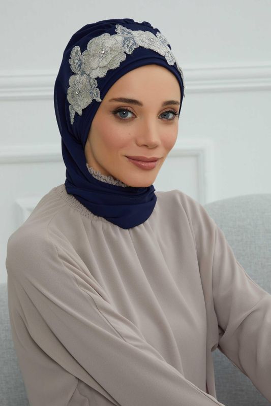 Çiçekli Taç Aksesuarlı Şifon Hazır Türban,HT-103,HT-103 Lacivert-Gümüş - 4